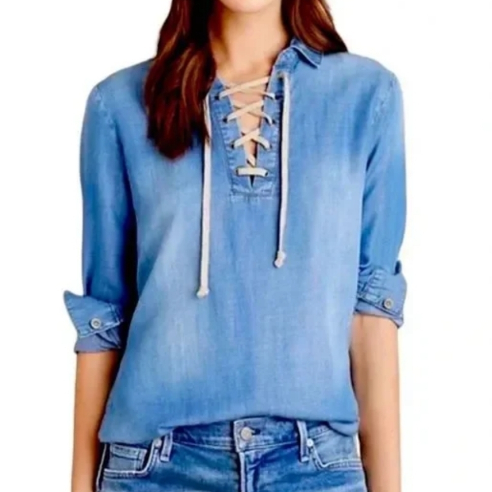 Cloth & Stone Tencel Cambray Lace Up Top Shirt Large Tencel Pullover Nautical